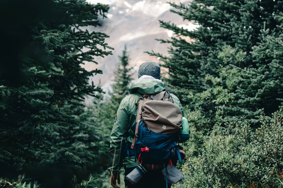 Un homme avec des vêtements de randonnée éco responsables dans la forêt