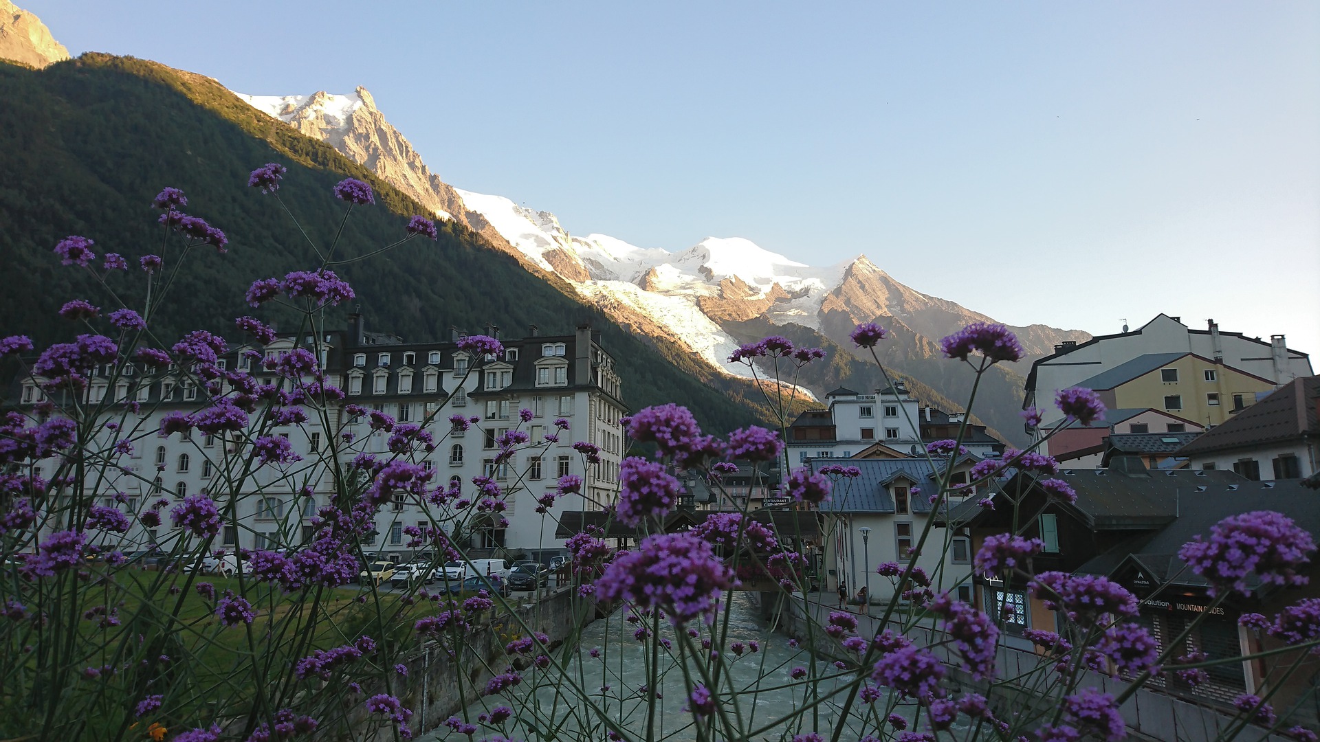 Photo du centre ville de Chamonix avec des fleurs en premier plan et le Mont-Blanc en arrière plan.